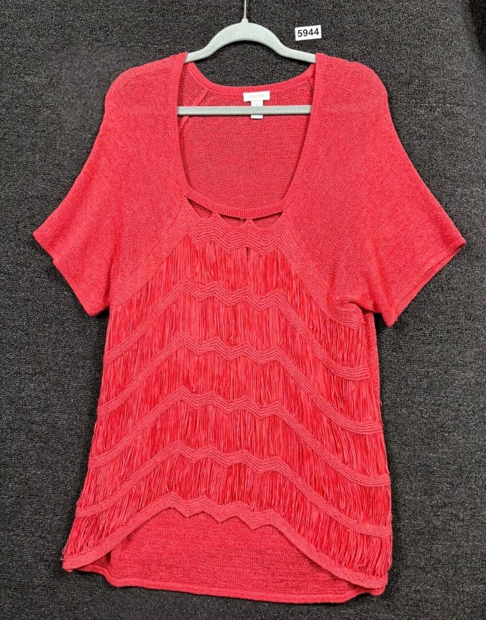 Chico's Open Knit Sweater Womens Size 3 US XL Salmon Sheer Tiered Fringe Front